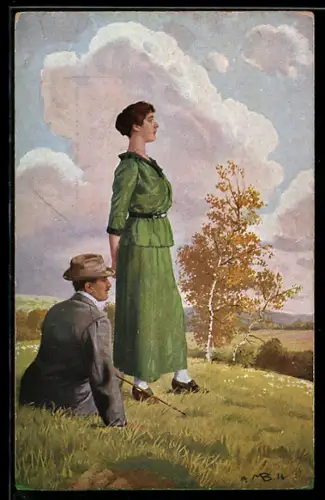 Künstler-AK sign. M. Barascudts: Blick in die Ferne, Elegantes Paar auf einer Wiese