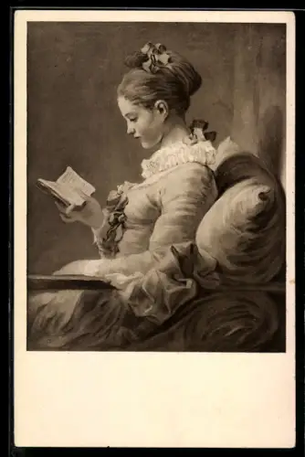Künstler-AK sign. Fragonard: Die Leserin, Hübsche Frau liest in einem kleinen Büchlein