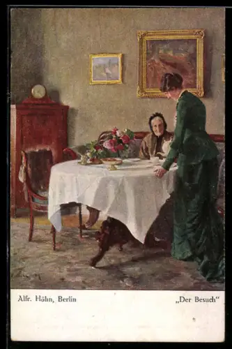 Künstler-AK sign. Alfr. Höhn: Der Besuch, Alte Dame am Tisch bekommt Besuch von einer jüngeren Frau