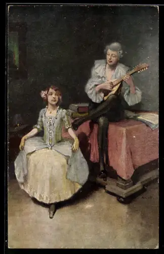 Künstler-AK sign. A. Hofmann v. Vestenhoff: Pierrot und Colombine, Mann spielt auf einer Laute und ein Mädchen tanzt