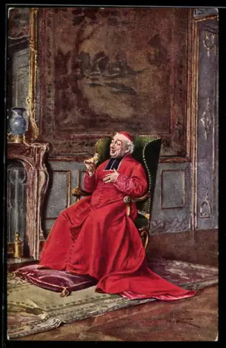 Künstler-AK sign. Alfred Weber: Le dessert de son Éminence, Kardinal sitzt auf einem gemütlichen Sessel