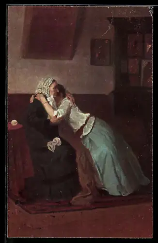 Künstler-AK sign. N.P. Zagorsky: The broken heart, junge Frau weint sich an der Schulter einer älteren Dame aus