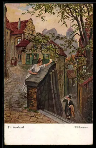 Künstler-AK sign. Fr. Rowland: Willkommen, Junge Frau begrüsst einen elegant gekleideten Herrn