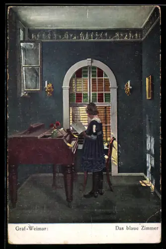Künstler-AK sign. Graf Weimar: Das blaue Zimmer, Mädchen im Kleid steht an einem Flügel