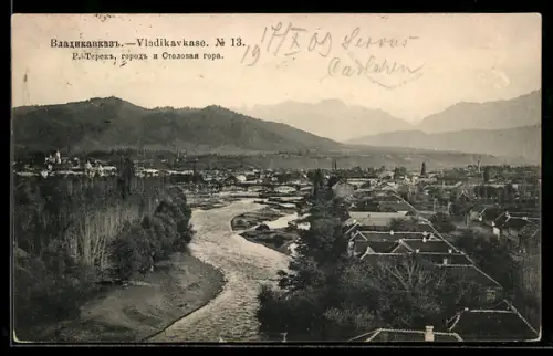 AK Wladikawkas, Blick auf die Stadt mit Fluss Terek und Stolowaja-Berg