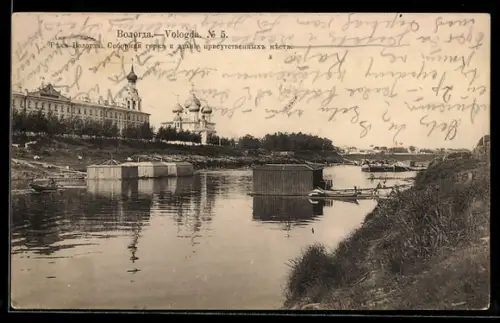 AK Wologda, Blick auf die Kathedrale am Ufer vom Fluss Vologda