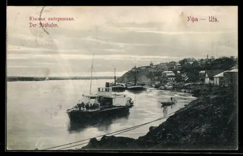 AK Ufa, Raddampfer und Lastkähne im Südhafen