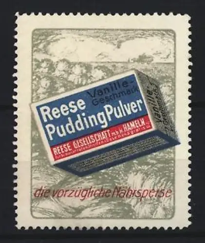 Reklamemarke Hameln, Reese Gesellschaft, Puddingpulver, Puddingverpackung