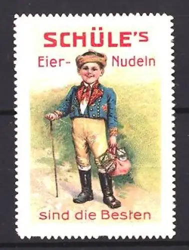Reklamemarke Schüle, Nudelfabrik, Eier-Nudeln, Junge mit Stock und Tasche
