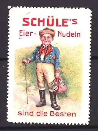 Reklamemarke Schüle, Nudelfabrik, Eier-Nudeln, Junge mit Stock und Paket