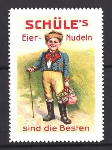 Reklamemarke Schüle, Nudelfabrik, Eier-Nudeln, Junge mit Stock und Nudeln