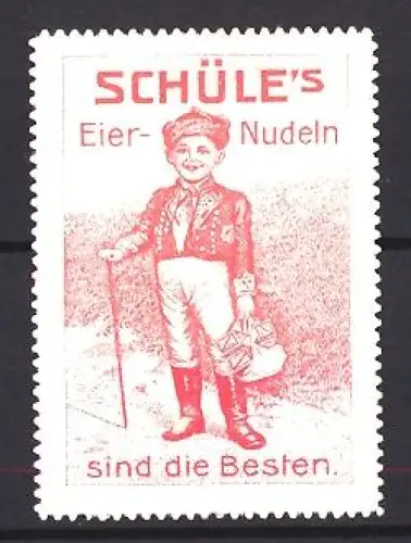 Reklamemarke Schüle, Nudelfabrik, Eier-Nudeln, Junge mit Einkaufstasche und Stock
