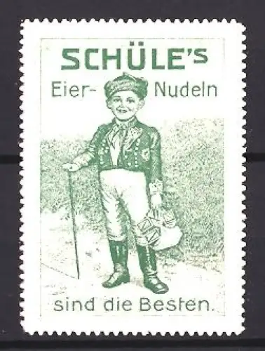 Reklamemarke Schüle, Nudelfabrik, Eier-Nudeln, Junge mit Stock und Paket, grün