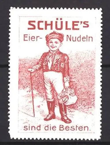 Reklamemarke Schüle, Nudelfabrik, Eier-Nudeln, Junge mit Stock und Tasche, rot