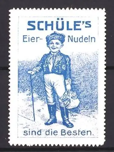 Reklamemarke Schüle, Nudelfabrik, Eier-Nudeln, Junge mit Stock und Paket, blau