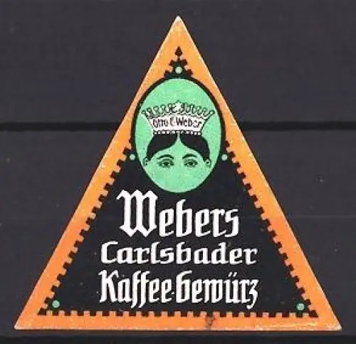 Reklamemarke Carlsbad, Otto E. Weber, Kaffeegewürz, Gesicht mit Krone