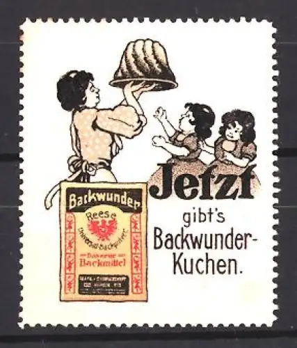 Reklamemarke Reese, Backpulver, Backwunderverpackung und Frau mit Gugelhupf