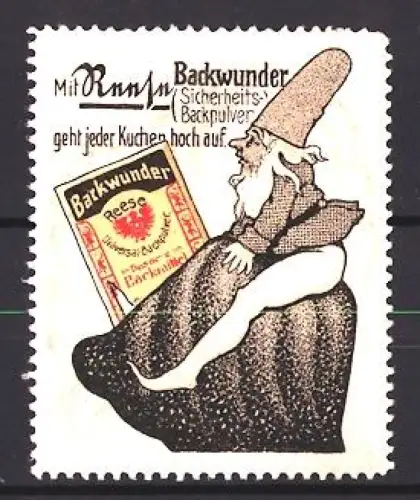 Reklamemarke Reese, Backpulver, Backwunderverpackung, Zwerg auf Felsen