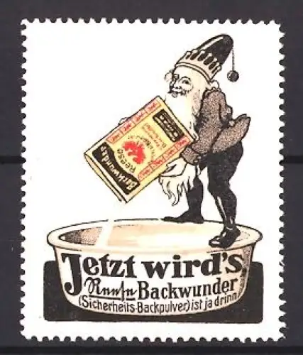 Reklamemarke Reese, Backpulver, Backwunderverpackung, Zwerg mit Backpulverpackung