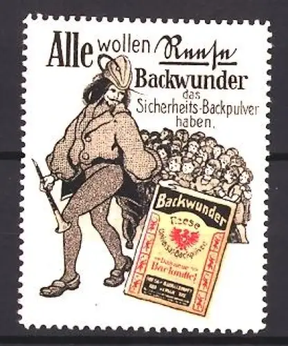 Reklamemarke Reese, Backpulver, Backwunderverpackung, Der Rattenfänger mit Backpulver