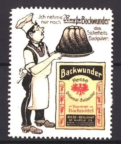 Reklamemarke Reese, Backpulver, Backwunderverpackung, Bäcker mit Gugelhupf