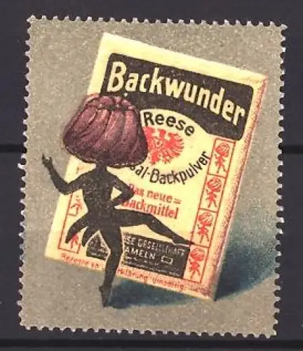 Reklamemarke Reese, Backpulver, Backwunderverpackung, Backpulver-Packung mit tanzender Figur