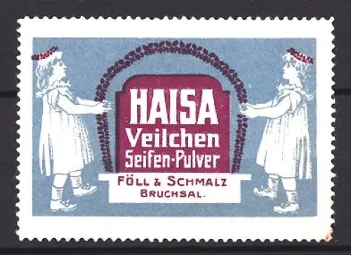 Reklamemarke Bruchsal, Föll & Schmalz, Seifen-Pulver, zwei Mädchen mit Blumengirlande