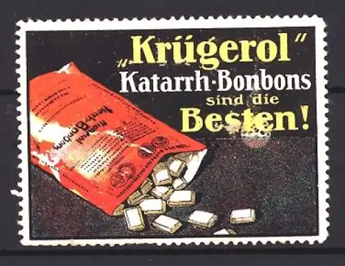Reklamemarke Krügerol, Katarrh-Bonbons, offene Bonbontüte