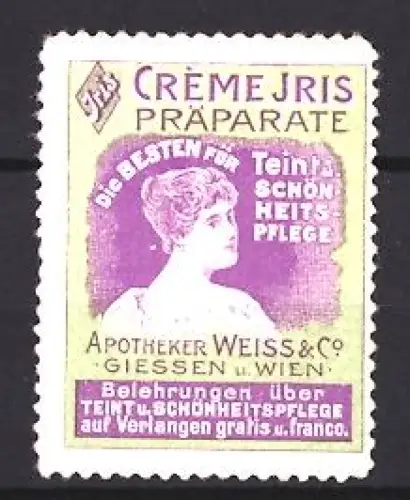 Reklamemarke Giessen, Weiss & Co., Pflegecreme, Jris Präparate, Frau im Profil