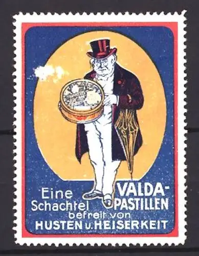 Reklamemarke Valda-Pastillen, Hustenbonbons, Gentleman mit Zylinder und Dose