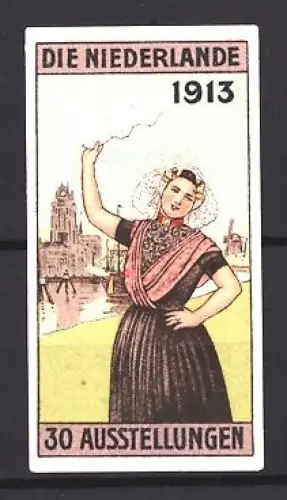 Reklamemarke Niederlande, 30 Ausstellungen 1913, Frau in Tracht vor Ortsansicht