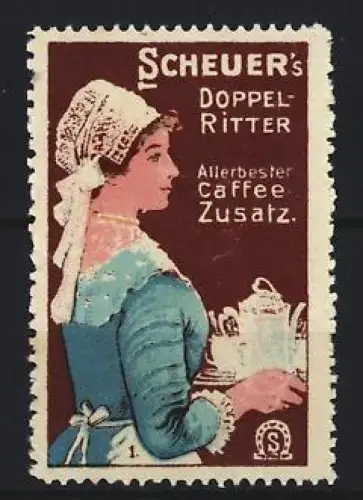 Reklamemarke Scheuer, Kaffee-Zusatz, Doppel-Ritter, Dienstmädchen mit Tablett