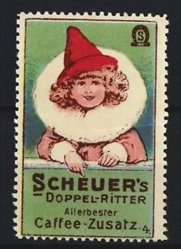 Reklamemarke Scheuer, Kaffee-Zusatz, Doppel-Ritter, Kind mit roter Mütze