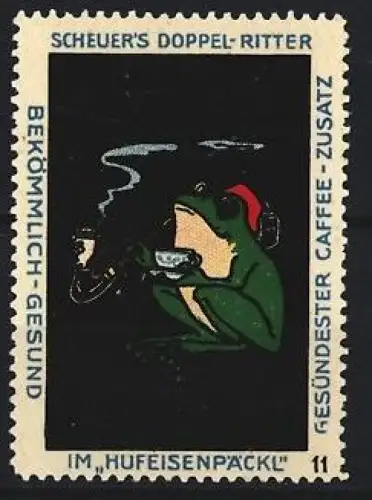 Reklamemarke Scheuer, Kaffee-Zusatz, Doppel-Ritter, Frosch mit Kaffee