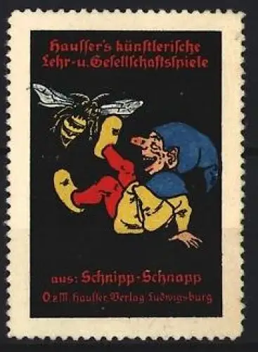 Reklamemarke Hausser`s künstlerische Lehr- und Gesellschaftsspiele, Zwerg und Biene