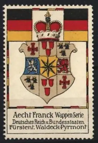 Reklamemarke Aecht Franck, Kaffeefabrik, Wappenserie, Fürstentum Waldeck-Pyrmont, Wappenschild mit Krone