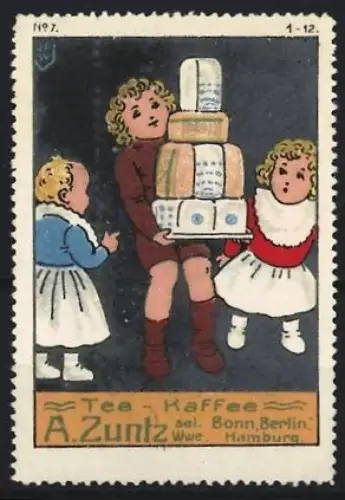 Künstler-Reklamemarke Johann Peter Werth, Bonn, A. Zuntz, Kaffee und Tee, Kinder mit Paketen