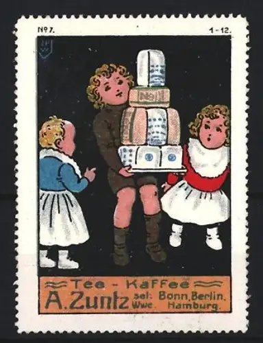 Reklamemarke Bonn, A. Zuntz, Kaffee und Tee, Kinder mit Paketen