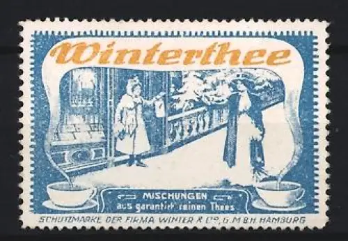 Reklamemarke Hamburg, Firma Winter, Tee, Teetassen und Geschäftsszene