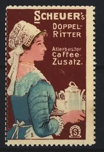 Reklamemarke Scheuer, Kaffee-Zusatz, Marke Doppel-Ritter, Frau mit Kaffeekanne