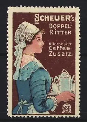 Reklamemarke Scheuer, Kaffee-Zusatz, Marke Doppel-Ritter, Frau mit Kaffeekanne