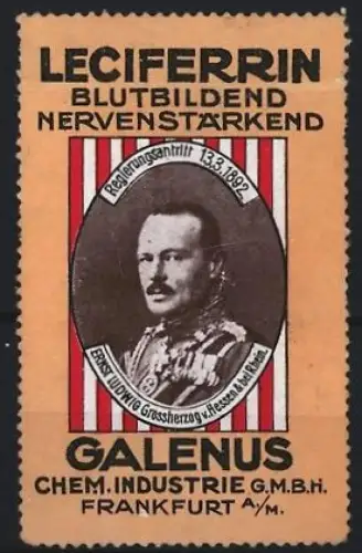 Reklamemarke Frankfurt, Galenus, Leciferrin Kräftigungspräparat, Porträt mit Streifenhintergrund
