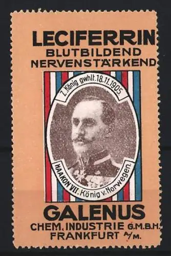 Reklamemarke Frankfurt, Galenus, Leciferrin Kräftigungspräparat, König Haakon VII. von Norwegen