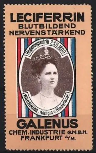 Reklamemarke Frankfurt, Galenus, Leciferrin Kräftigungspräparat, Königin Wilhelmina