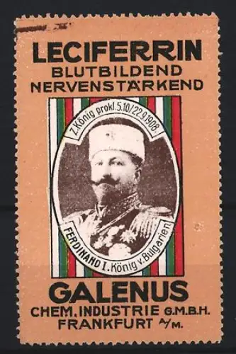 Reklamemarke Frankfurt, Galenus, Leciferrin Kräftigungspräparat, Ferdinand I. König Bulgarien