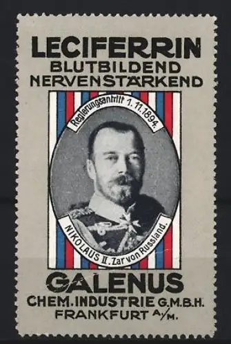 Reklamemarke Frankfurt, Galenus, Leciferrin Kräftigungspräparat, Nikolaus II. von Russland