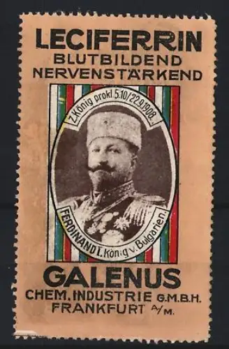 Reklamemarke Frankfurt, Galenus, Leciferrin Kräftigungspräparat, Ferdinand I. König v. Bulgarien