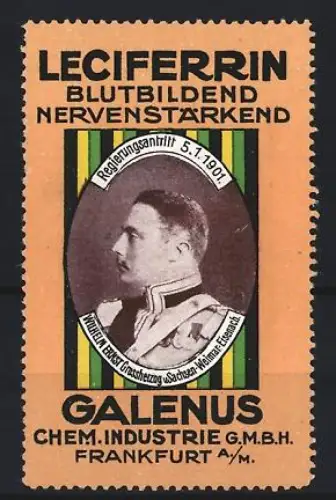 Reklamemarke Frankfurt, Galenus, Leciferrin Kräftigungspräparat, Porträt mit Datum 1901