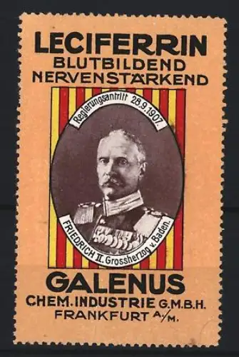 Reklamemarke Frankfurt, Galenus, Leciferrin Kräftigungspräparat, Friedrich II. Grossherzog von Baden