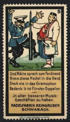 Reklamemarke Schwabach, Nadelfabrik Reingrüber, Grammophonnadeln, Soldat und Bauer mit Nadel